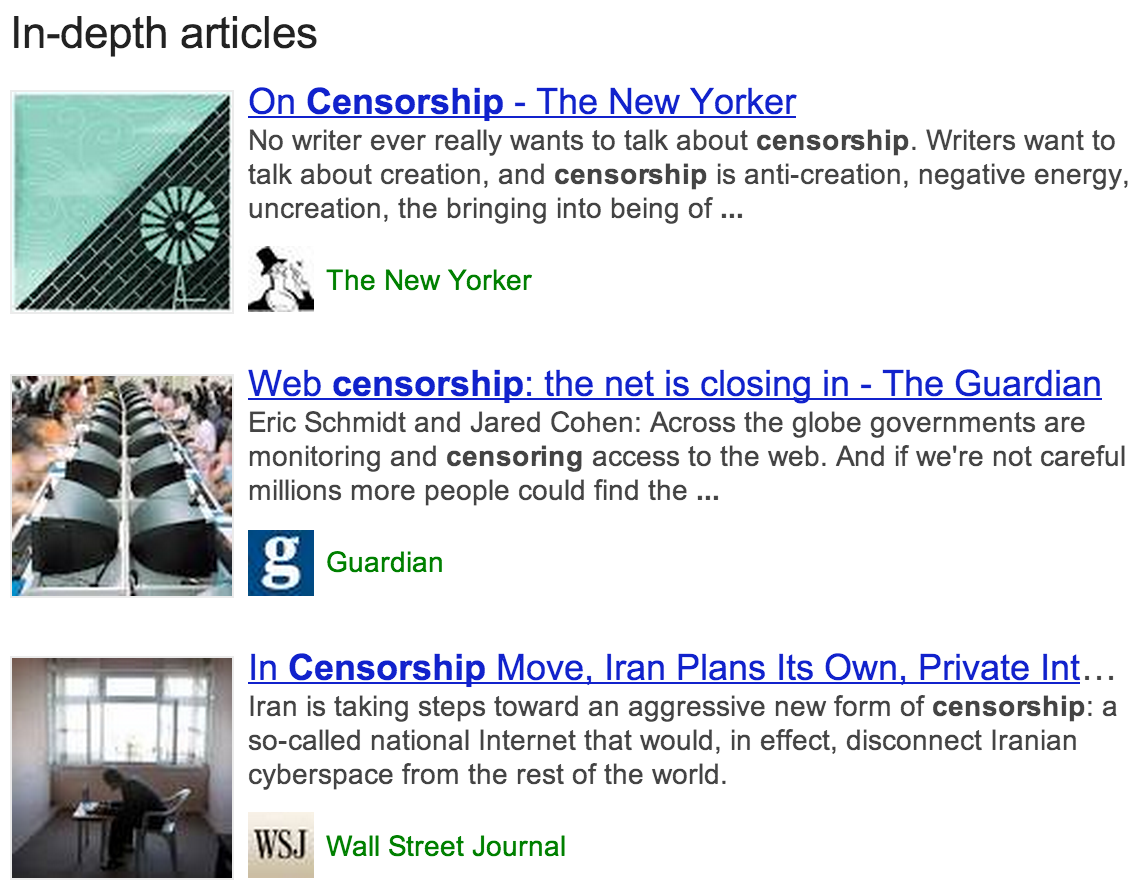 "In-depth articles"; Google teste de nouveaux contenus dans ses résultats de recherche.